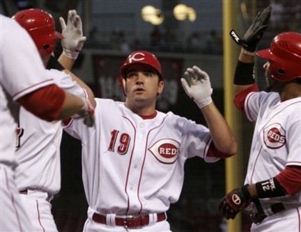 Cincinnati Reds' Joey Votto (19) is congratulated by Edwin Encarnacion, right, and Adam Dunn, left, after Votto hit a three-run home run off Milwaukee Brewers pitcher Jeff Suppan in the second inning of a baseball game Saturday, Sept. 8, 2007, in Cincinnati. (AP Photo/David Kohl)